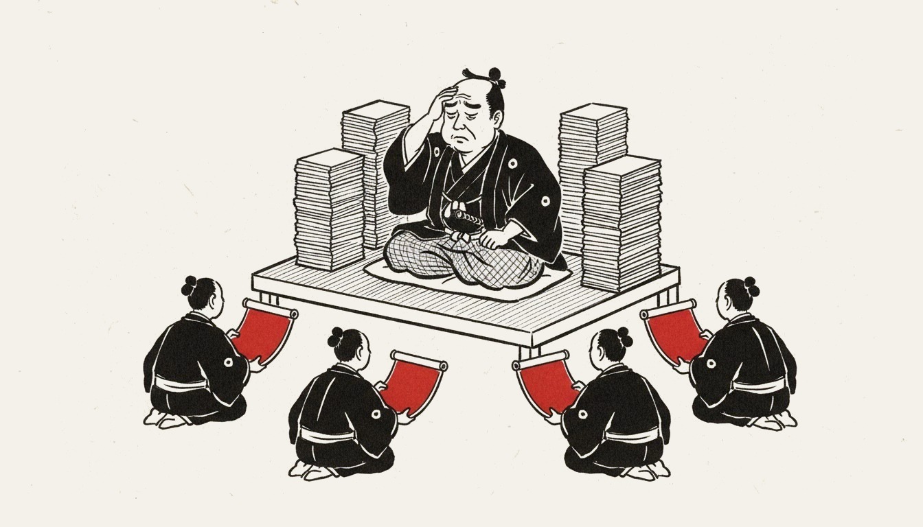 家臣が次々と差し出す提案書の山を前に頭を抱える殿様